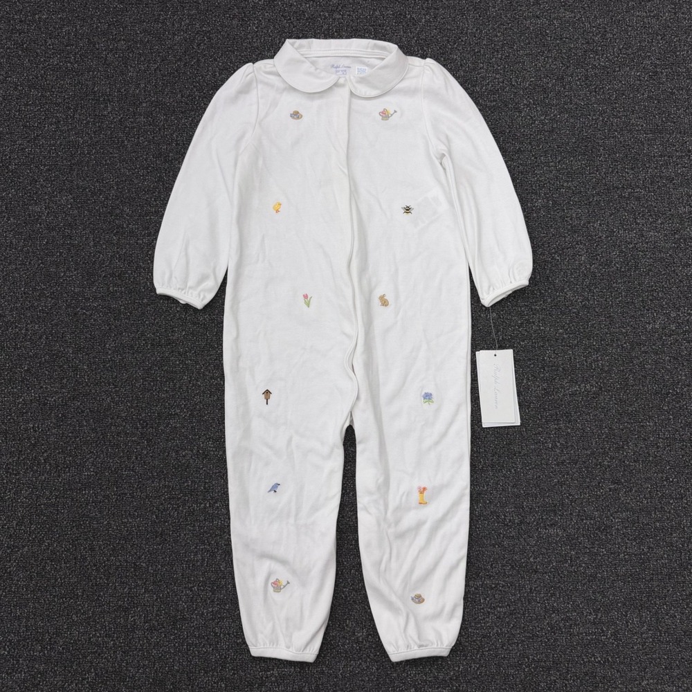 Ralph Lauren Baby White Organic Cotton Embroidered Garden Coverall Romper 24M